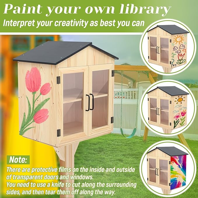Wonderjune Little Library Box Outdoor, Durable Weatherproof Solid Wood Free Library Book Exchange Box with Floor Plugs and Small Flower Fence for Neighborhoods, Community and School