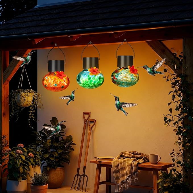 Nuogo 3 Pcs 3.54 Inch Blown Glass Hummingbird Feeders Solar Powered Hummingbird Feeder with LED Light for Garden Outdoors Window Decor Valentine Hanging Gifts Ant and Bee Resistant(Classic Colors)
