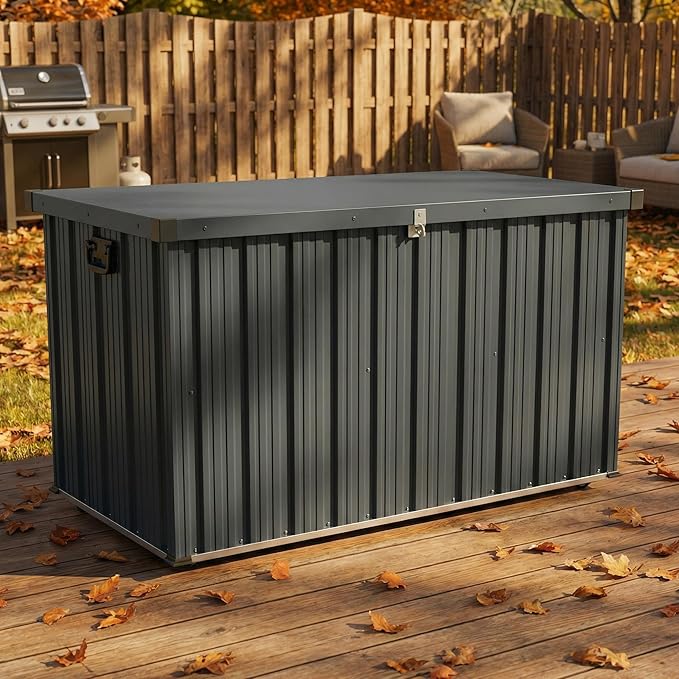 Outdoor Metal Storage Box 200 Gallon for Patio, Large Metal Deck Box Waterproof with Dual Gas Struts, Rolling Wheels and Handles, Steel Deck Box for Cushions, Tools, Pool Floats, Porch and Backyard