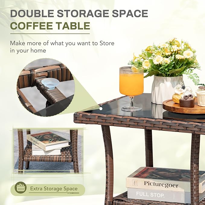 Greesum 3 Piece Outdoor Wicker Rocking Chairs Patio Furniture Set with Glass Coffee Table for Garden Backyard Porch Poolside, Beige