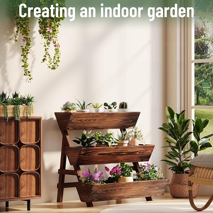 Vertical Wooden Raised Garden Bed, Garden Planters Freestanding Wood Plant Stand Flower Rack Wooden Planter Box for Plants Herbs Flowers Vegetables Outdoor Indoor Gardening (3-Tier Large Carbonized)