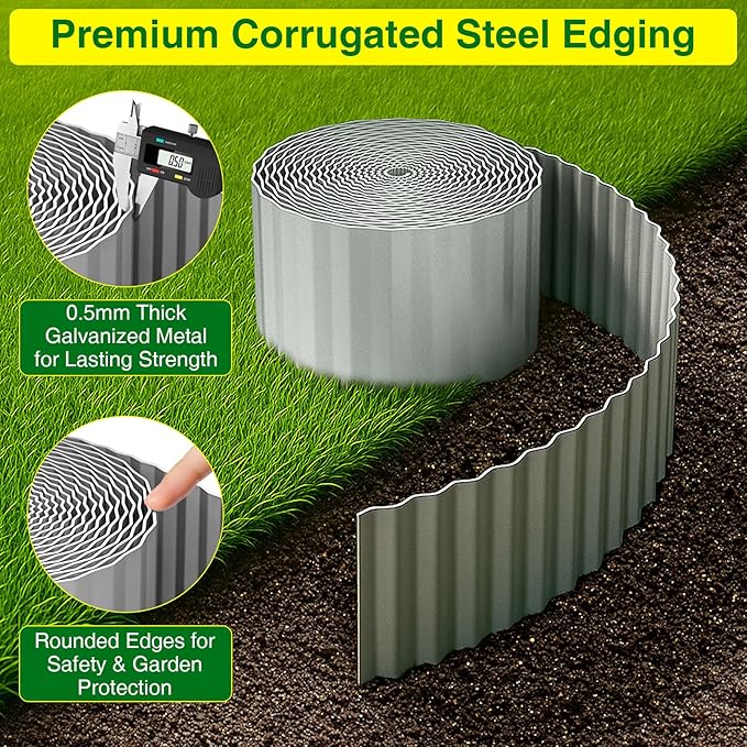 MIXC Corrugated Metal Garden Edging, Landscape Border for Lawn, Flower Bed & Paver (Silver, 8 Inch × 25FT)