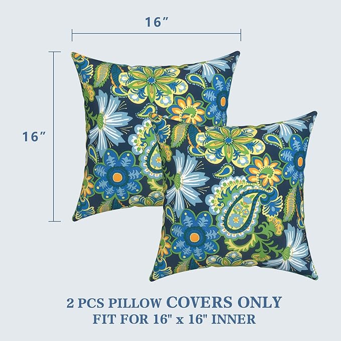 LVTXIII 2 Pack Outdoor Throw Pillow Covers for Patio Furniture, 16x16 Inch Square Pillow Case, Water-Repellent Cushion Covers for Garden, Porch, Sofa, Bohemian Azure