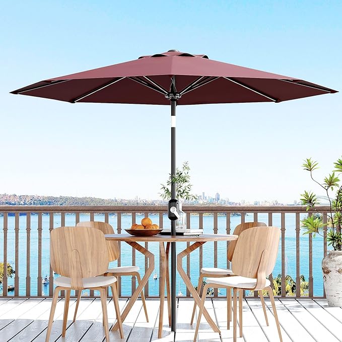 Garvee 9 ft Patio Umbrella - 8 Sturdy Ribs Outdoor Table Umbrella with Crank Lift & Push Button Tilt - Market Umbrella for Pool, Deck, Yard, Garden - Dark Red