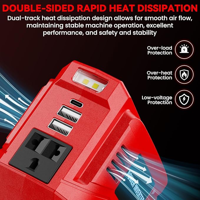 VAXCANZE 200W Power Inverter for Milwaukee, DC 20V to AC 110V Inverter, Portable Power Station with 2 USB Ports & 1 AC Outlet & 1 Type-C Fast Charging, Battery Adapter with LED, Battery Not Include