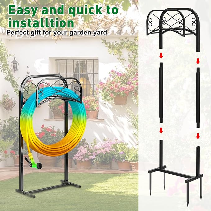 Gtongoko Garden Hose Holder for Outside 43 In With Upgrade 4 Prongs Base Detachable Metal Water Hose Holder Freestanding Heavy Duty Organizer Holds 150FT Stand Hanger for Outdoor Yard Black