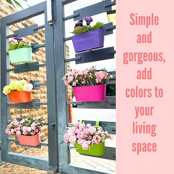 LaLaGreen Rail Planter (17 Inch, 6 Pack) Colorful Metal Hanging Flower Pots Railing Fence Balcony Gardening for Apartment Patio Planters Modern Garden Style Iron Outdoor Decoration Porch Decor