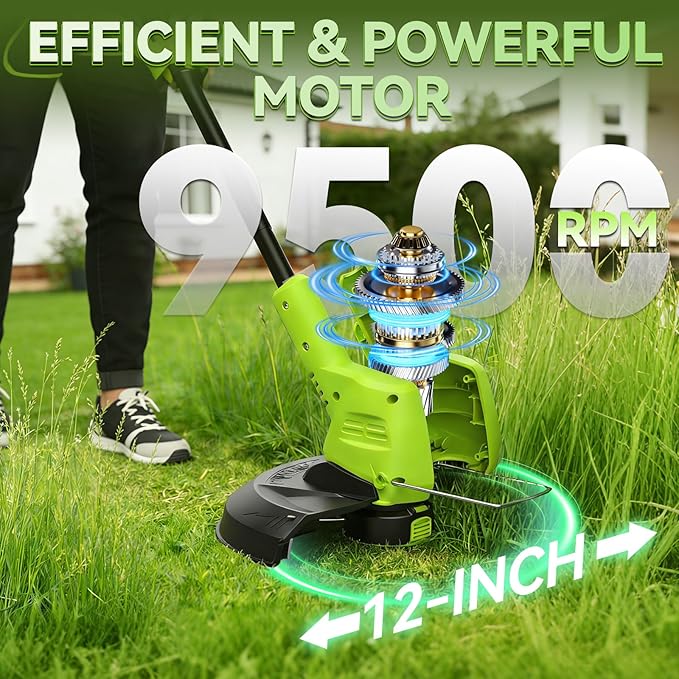 GOODJOB 20V 12" Cordless Weed Wacker, 3.5LBs Ultra-Lightweight Weed Eater, 180° Pivoting Head 3-in-1 String Trimmer & Lawn Edger with (2) 2.0Ah Batteries and Auto-Feed for Non-Stop Yard Work