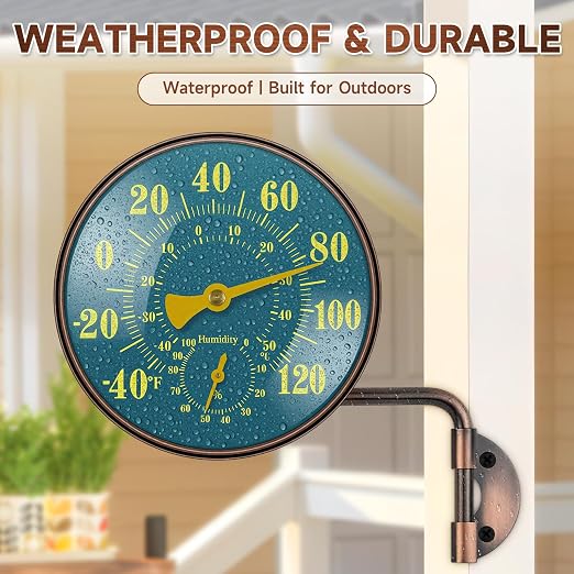 4 Inch Outdoor Thermometer and Humidity Gauge, Brass Retro Wall Mount Analog, Waterproof Temperature Hygrometer with Large Easy-Read Dial for Patio, Garden, Garage, Greenhouse