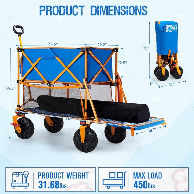 Old Bahama Bay 400L Collapsible Double Decker Beach Wagon with Brakes, Folding Beach Cart with 54" Extra Long Decker, 450LBS Heavy Duty Wagon Chart with All-Terrain Big Wheels for Sand Camping Garden