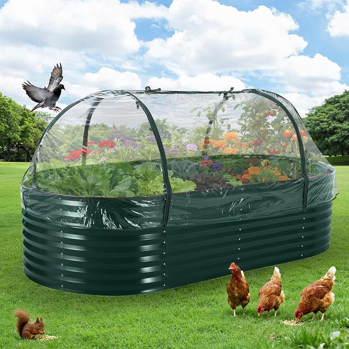 Garvee Galvanized Raised Garden Bed Large Oval Kit with Cover Zippered Screen Doors, Open Base Design, Thick Steel, Easy Assembly, Planter Box for Vegetables, Flowers (Dark Green, 8x4x2 ft)
