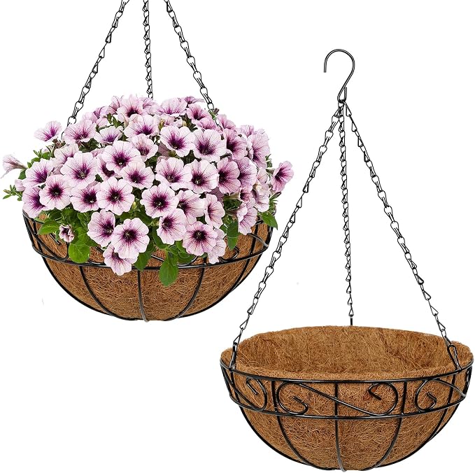 2 Pack 12 inch Metal Hanging Baskets for Plants, Round Metal Wire Hanging Basket Planter with Coco Fiber Liners Chain for Garden Home Porch Patio, Flower Border