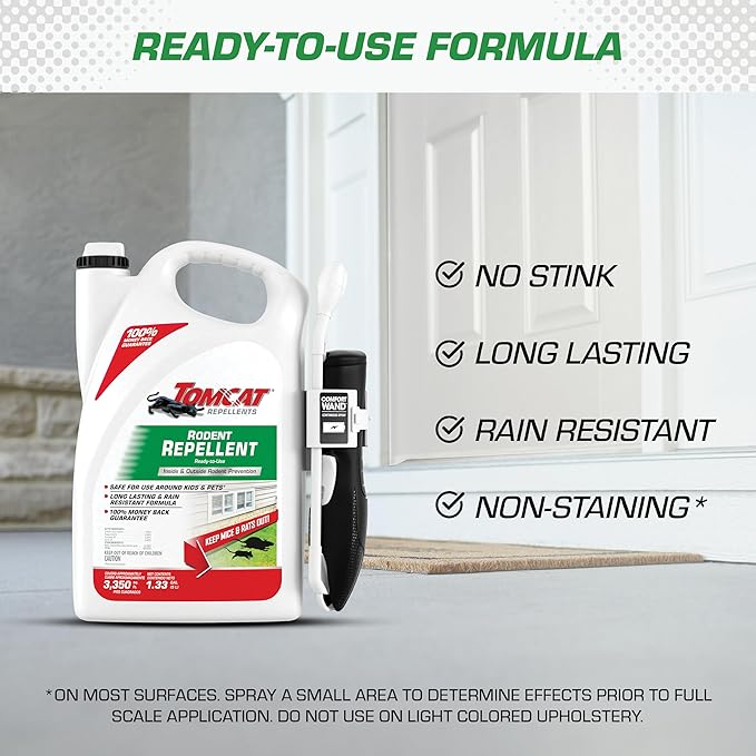 Tomcat Repellents Rodent Repellent Ready-to-Use with Comfort Wand - for Indoor and Outdoor Mouse and Rat Prevention, Peppermint Oil Spray for Rodents with Cinnamon & Garlic Essential Oils, 1.33 gal.