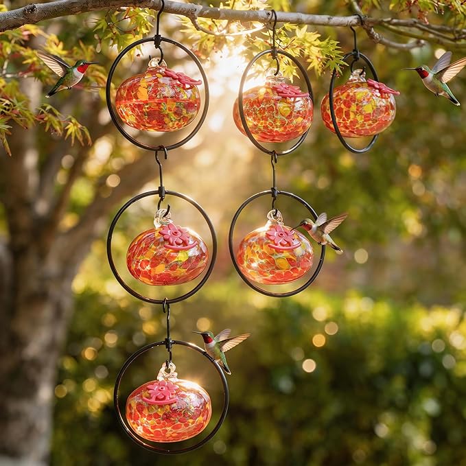 QFkris Set of 6 Blown Glass Hummingbird Feeder for Outdoors Hanging, Small Hummingbird Feeder with Flower Feeding Ports for Outside Garden Backyard Decor, Gardening Gifts for Women Mom(Orange)