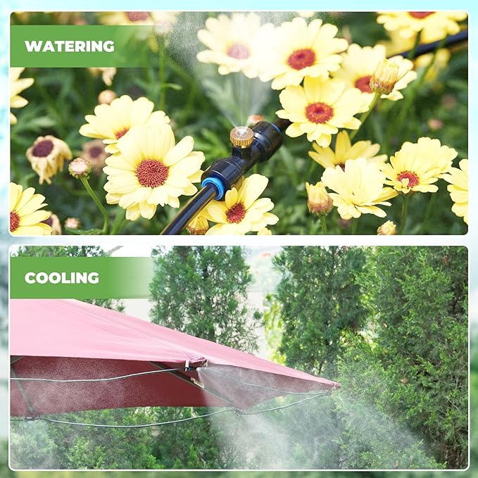 HOMENOTE Misting Cooling System with Timer, 59FT Misting Hose+20 Brass Nozzles+3/4" Brass Adapter+Water Timer with Mist Mode & Irrigation Mode, Outdoor Misters for Patio Cooling and Garden Watering