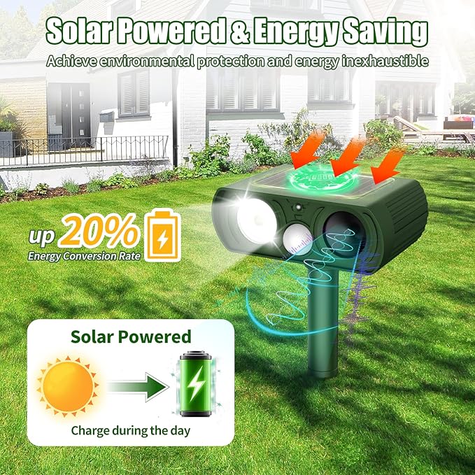 Solar Ultrasonic Animal Repellent, Deer Repellent Devices Waterproof, Cat Repellent Outdoor with Motion Detection Squirrel Skunk Rabbit Dog Raccoon Deterrents Animal Repeller for Yard, 1 Pack, Green