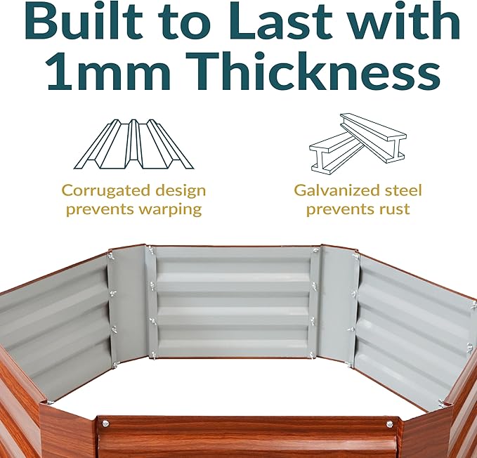Sunnydaze Galvanized Raised Garden Bed Kit - 4x3x1 ft Outdoor Raised Garden Bed - Metal Planter Box for Vegetables, Flowers, Herbs - Woodgrain - Hexagon