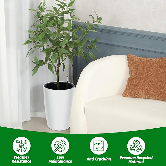 Garvee Tall Planters for Outdoor Plants, 16 in Large Planters Set of 4, Outdoor & Indoor Planters with Water Level Monitor ＆ Inner Bucket, Automatic Watering, for Porch, Patio, Backyard, White