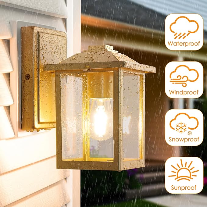 MATAMEYE Outdoor Wall Lantern, Exterior Waterproof Wall Sconce Light Fixture, Gold Front Door Mounted Lighting with Glass, Anti-Rust Porch Lamp