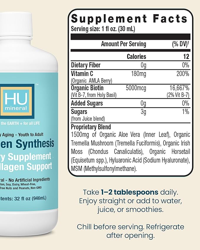 Collagen Synthesis – Plant-Based Liquid Collagen for Women & Men of All Ages, Youth to Adult - with Hyaluronic Acid, Biotin & Vitamin C – Supports Joint, Skin, Hair & Nail Strength – 32 oz