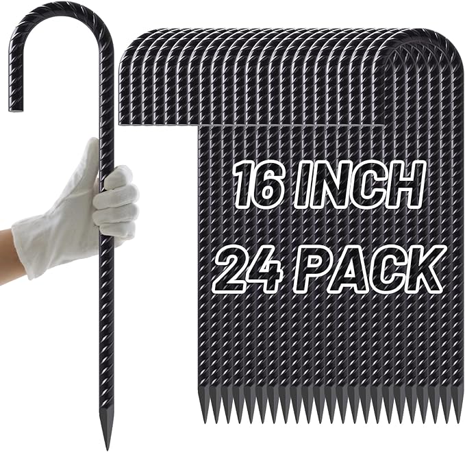 AAGUT Rebar Stakes 16 Inch J Hook Heavy Duty 24 Pack, 5/16 Inch Black Coated Metal Steel Ground Anchors Chain Link Fence Stakes for Camping Tent, Inflatables, Yard Decorations, Canopies & Swing Sets