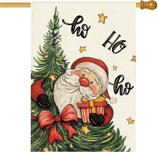 Christmas Tree Santa Claus Welcome House Flag 28x40 Inch Double Sided, Xmas Holiday Winter Burlap Large Yard Flag Farmhouse Flags Seasonal Patio Outdoor Outside Decoration