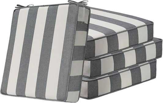 Unimatta Square Corner Seat Cushions, 19" x 19" x 3", Set of 4, Indoor Outdoor Water Repellent Universal Chair Pads with Ties for Patio Furniture, Garden Deck Dining Chairs, Gray Stripe