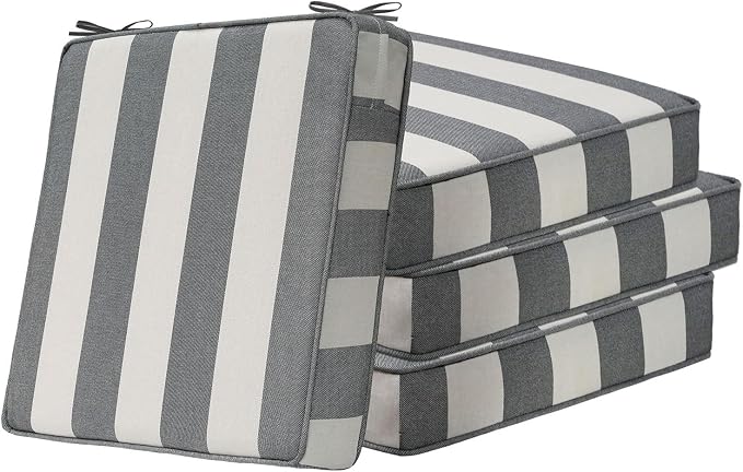 Unimatta Square Corner Seat Cushions, 18.5" x 16" x 3", Set of 4, Indoor Outdoor Water Repellent Universal Chair Pads with Ties for Patio Furniture, Garden Deck Dining Chairs, Gray Stripe