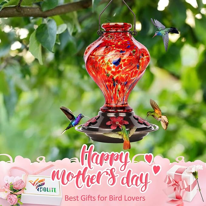 Hummingbird Feeder, BOLITE Glass Hummingbird Feeders for Outdoors Hanging, Hand Blown Twisted with Ant Moat and Five Feeding Ports, 24 Ounces, Leak Proof, Red, Gifts for Women Men, Gifts for Mom Dad