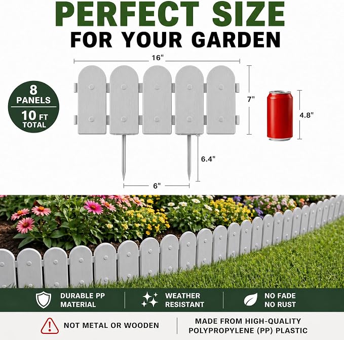 Evelyne Garden Border Plastic Edging: Wooden Fence Design - 8pcs Gray Yard Landscaping Fence Liner Lawn Edge Barrier - 10ft Kit of Decorative Lawn Panels Elements -Landscaping Edging-GMT-10374-E08