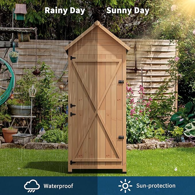 GarveeLife Outdoor Wooden Storage Shed Waterproof, 63 in Vertical Outdoor Storage Cabinet with 4 Shelves & Lockable Door, Space-Saving Garden Tool Shed for Patio, Yard, Lawn