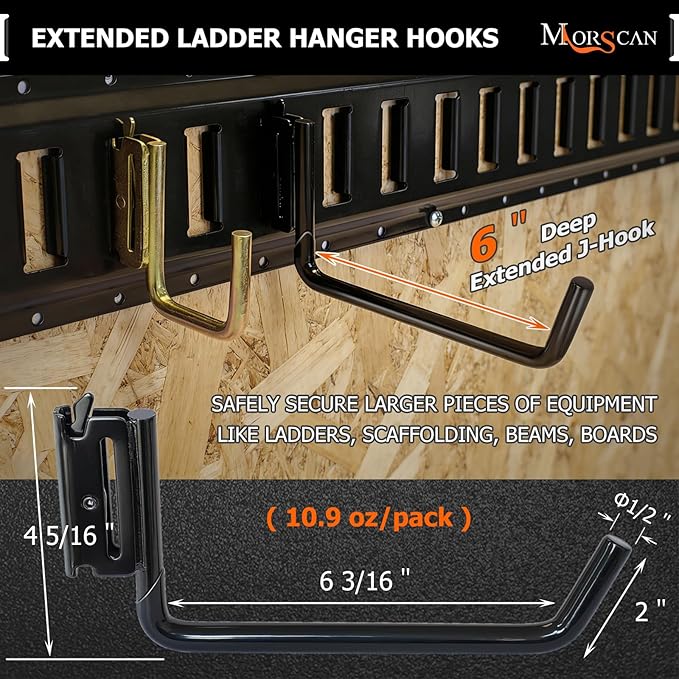 4-Pack 6" Heavy-Duty E-Track Extended Flat J Hooks with Extra Rubberized Dip-Coating - Ladder Tie-Down Hooks for Trucks, Trailers, Garages, Workshops