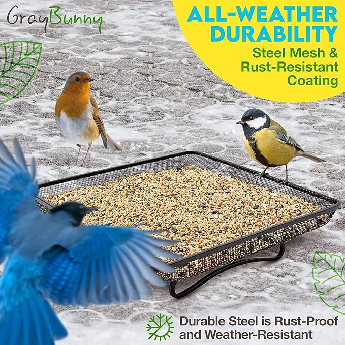 Ground Bird Feeder Tray for Outdoors (Metal) | Platform Mesh Seed Tray, Weather Resistant Backyard Bird Feeder, Garden Yard Decoration for Wild Birds, Squirrels, Dove, Cardinal, Blue Jay (11x11 in)