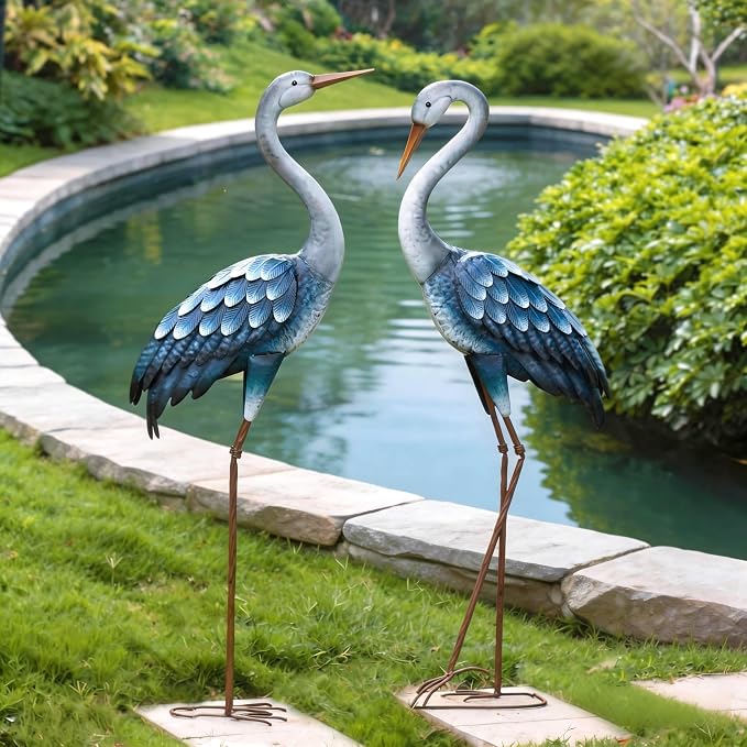 Kircust Blue Metal Heron Statues,Outdoor Garden Crane Sculptures 47-48 Inch | Waterproof and Rust-proof Bird Yard Art, For Pond & Lawn Garden Decor