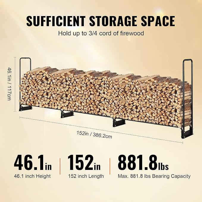 VEVOR 12.7FT Outdoor Firewood Rack with Cover, 152x14.2x46.1in, Heavy Duty Firewood Holder & 600D Oxford Waterproof Cover for Fireplace, Patio, Indoor/Outdoor Log Storage Rack for 3/4 Cord of Firewood