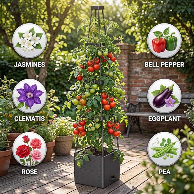 Geetery 4 Pack Raised Garden Bed Planter Box with Trellis 55" Cage Planter Raised Garden Bed with Trellis Self-Watering Planters for Climbing Plants Vegetables Vine Flowers Outdoor Indoor