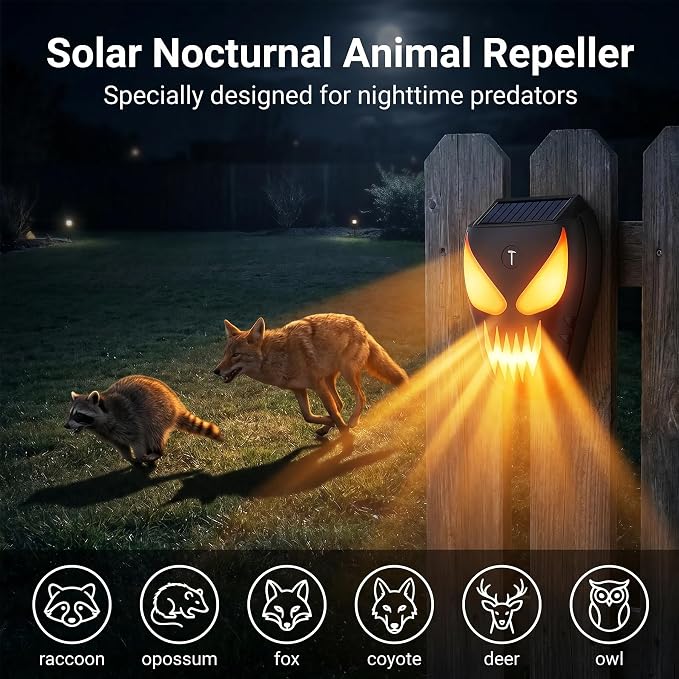 4 Pack Solar Nocturnal Animal Repeller with Predator Lights, Waterproof Coyote Deterrent Devices for Raccoon, Skunk, Opossum & Deer, Fox Repellent for Yard, Farm, Chicken Coop, Garden