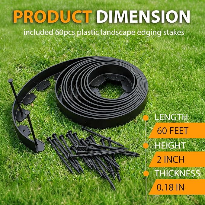 Hugeleaf Landscape Edging 2 Inch Tall 60 Feet Garden Edging Border with 60pcs Stakes, Plastic Edging for Landscaping,Lawn,Flower Beds, Paver Edging (Black)