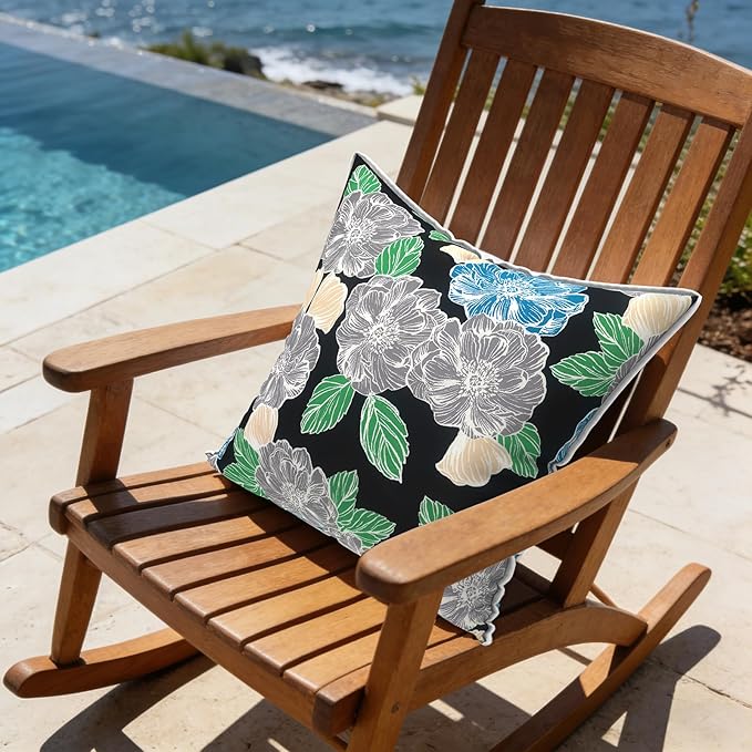 LVTXIII Outdoor Throw Pillows 18x18 Patio Waterproof Square Pillows with Piping Fade Resistant Accent Pillow for Spring Summer Garden Decoration, Set of 2, Peony Garden