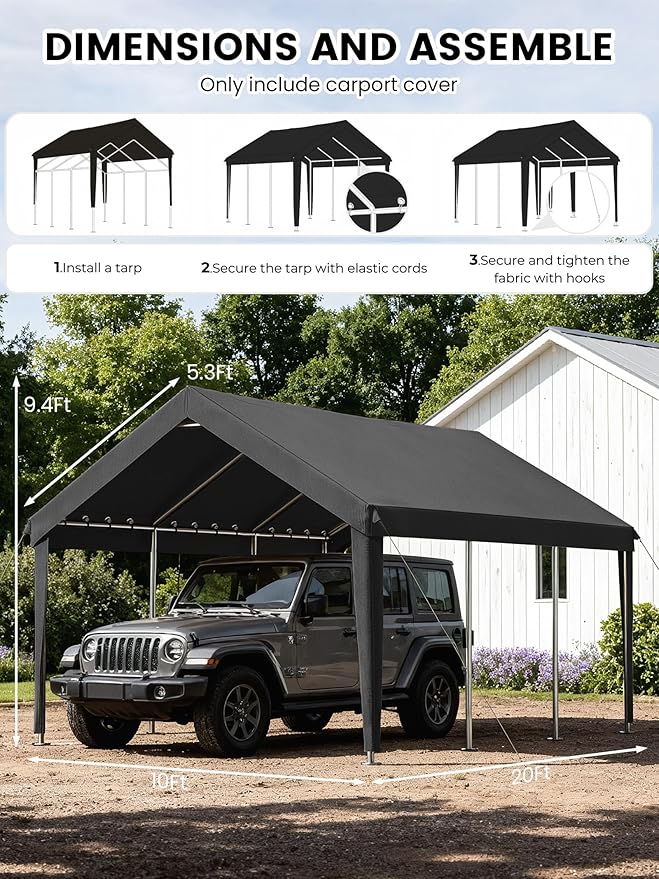 10 x 20 Ft Carport Replacement Cover, Heavy Duty Outdoor Car Tarp Canopy, Waterproof & UV Protected Tear Oxford Tarp with Ball Bungees (Frame is Not Included)