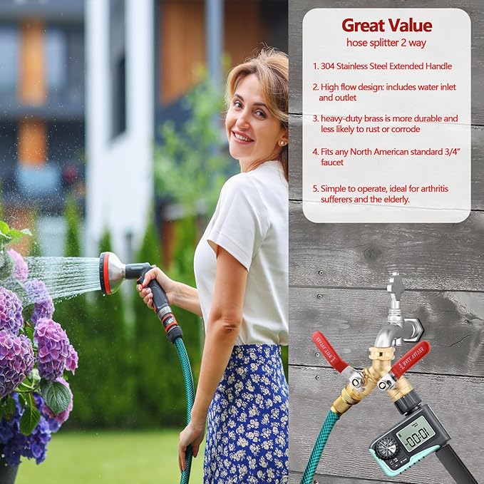 Solid Brass Garden Hose Splitter 2 Way Heavy Duty, Full Flow Y Valve Hose Splitter With Long Handle, 3/4" GHT Thread