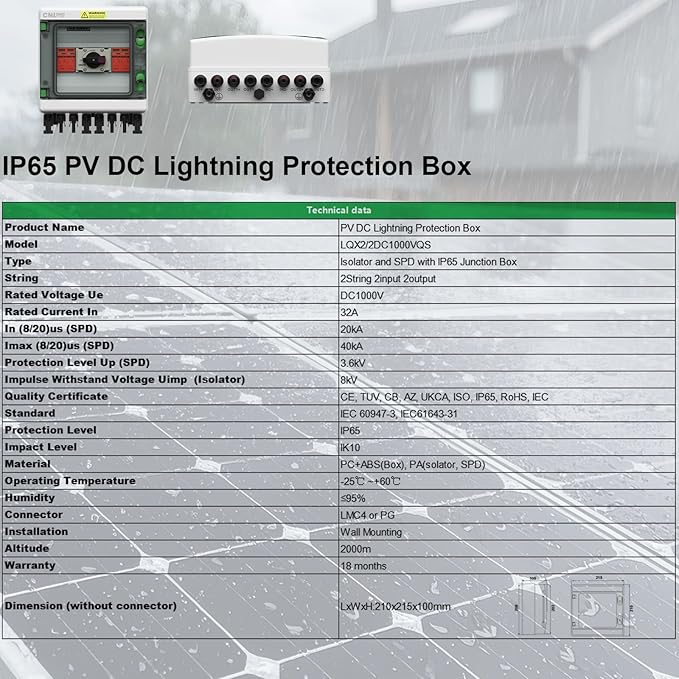 2 Strings Solar Disconnect Switch 32 Amp DC1000V with Lightning Surge Protector Arrester and IP65 Solar PV Combiner Breaker Box 2in 2out for Outdoor Solar Panel System