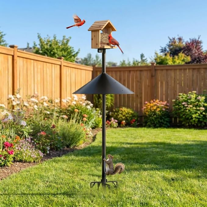 NSYOOMH Dia 1 Inch Bird Feeder Pole with 19" Proof Squirrel Baffle, Heavy Duty Metal, Bird House Pole Compatible Mount for Smart Camera Birdfeeder, Outdoor Feeding Station Stand Kit - 94"