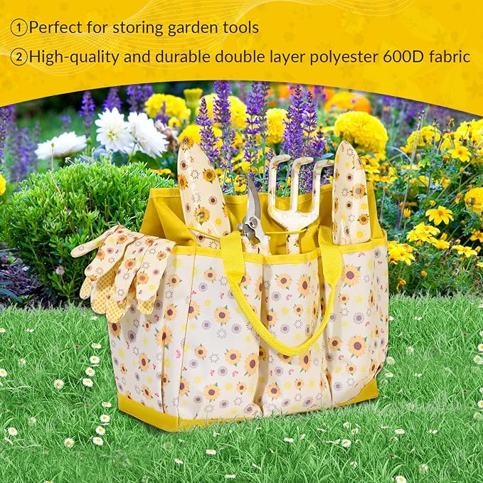 Gardening Gifts for Women, Gardening Tools for Women, 9 PCS Sunflower Garden Tools Set Kit with Garden Tool Bag, Mother's Day Birthday for Gardener Mom Grandma Aunt, Yellow