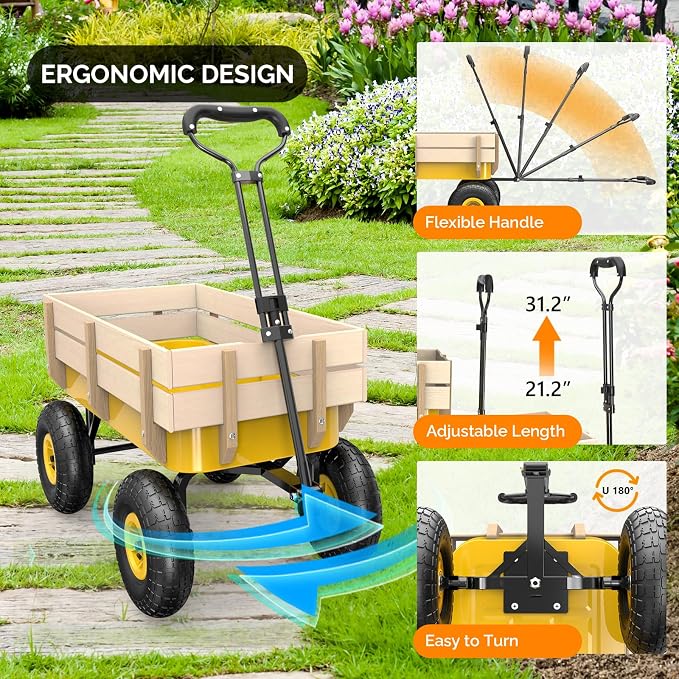 VINGLI Wagon Cart, Steel Frame and Wood Coated Railing, 330lbs All Terrain Wagon 9.2in Air Tires for Garden and Outdoor (Yellow)