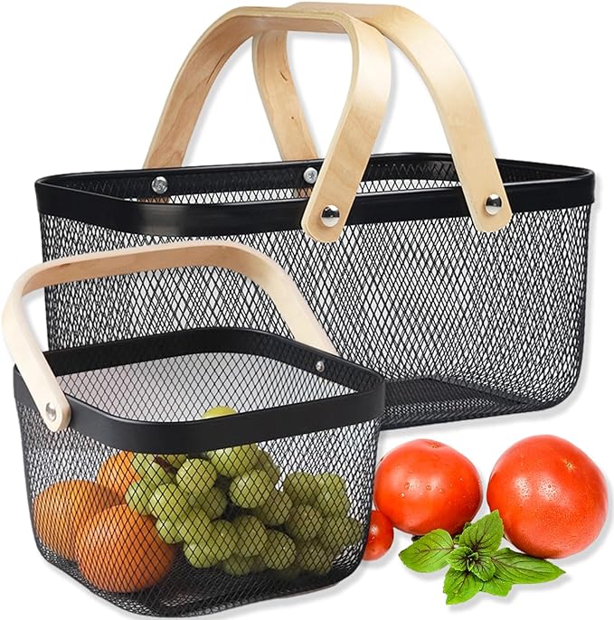 Cheardia 2 Pack Picnic Baskets, Metal Mesh Harvest Basket with Foldable Wooden Handle, Rectangle Garden Storage Basket Bin for Vegetable Fruit Garden Kitchen Cabinet Picking Gathering