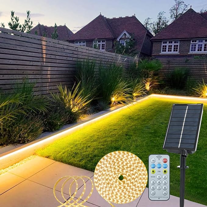 Solar Powered Strip Lights Outdoor Waterproof, 16.4Ft 320 LED Strip Lights with Remote, Timer, 8 Modes, Cuttable, Strip Lights for Cabinet Stair Patio Walkway Decor (Warm White)