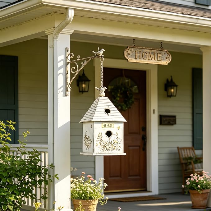 Vintage Metal Hanging Birdhouse, Home Decorative Bird House with Floral & Bird Accents, Weathered White Bird Home, Ideal for Outdoor Garden Decor