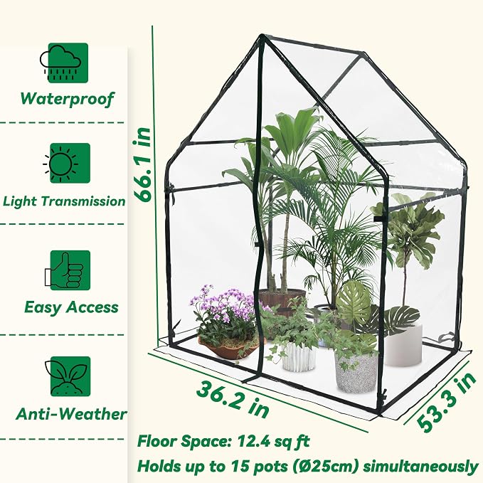 Gardzen Small Walk-in Greenhouse, Heavy Duty Portable Green House for Outside with Sturdy Frame & Clear Cover, Protects Plants from Cold, Rain, 36.2"(L) x53.3(W) x66.1(H)