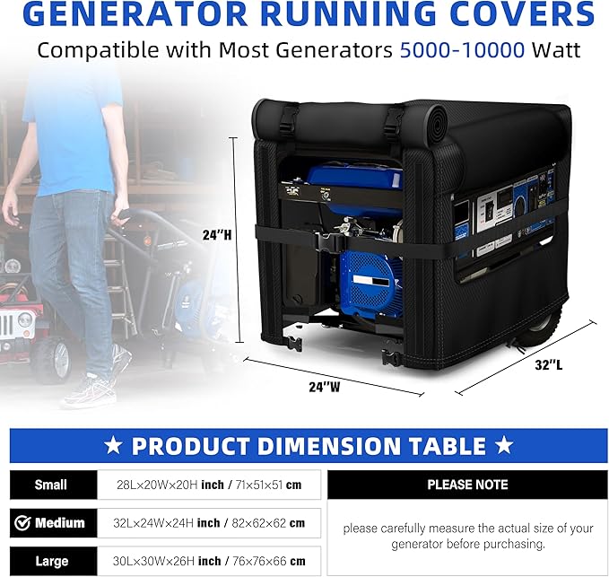 Generator Covers, 900D Heavy Duty Waterproof Fabric. 32L×24W×24H Inch Outdoor Generator Covers, with Windproof Strap Buckles. Fits most 5000-10000 watt Generators, Black.